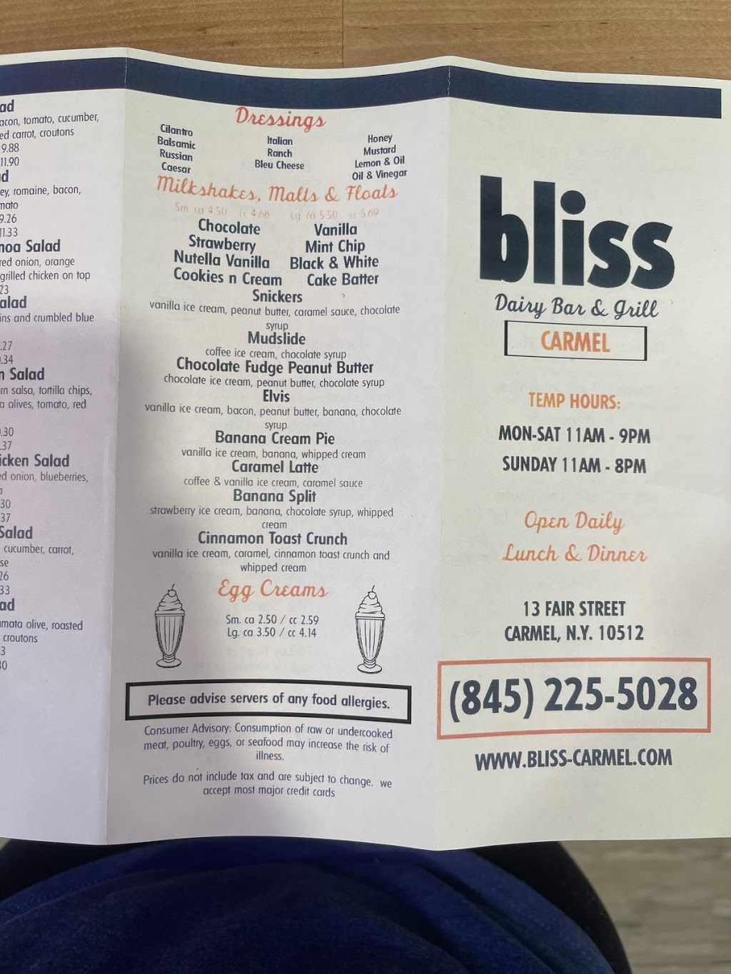 Bliss Dairy Bar & Grill | restaurant | 13 Fair St, Carmel Hamlet, NY 10512, USA | 8452255028 OR +1 845-225-5028