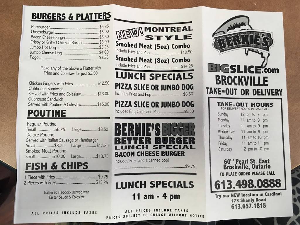 Bernies Big Slice Brockville | restaurant | 60 Pearl St E, Brockville, ON K6V 1P7, Canada | 6134980888 OR +1 613-498-0888