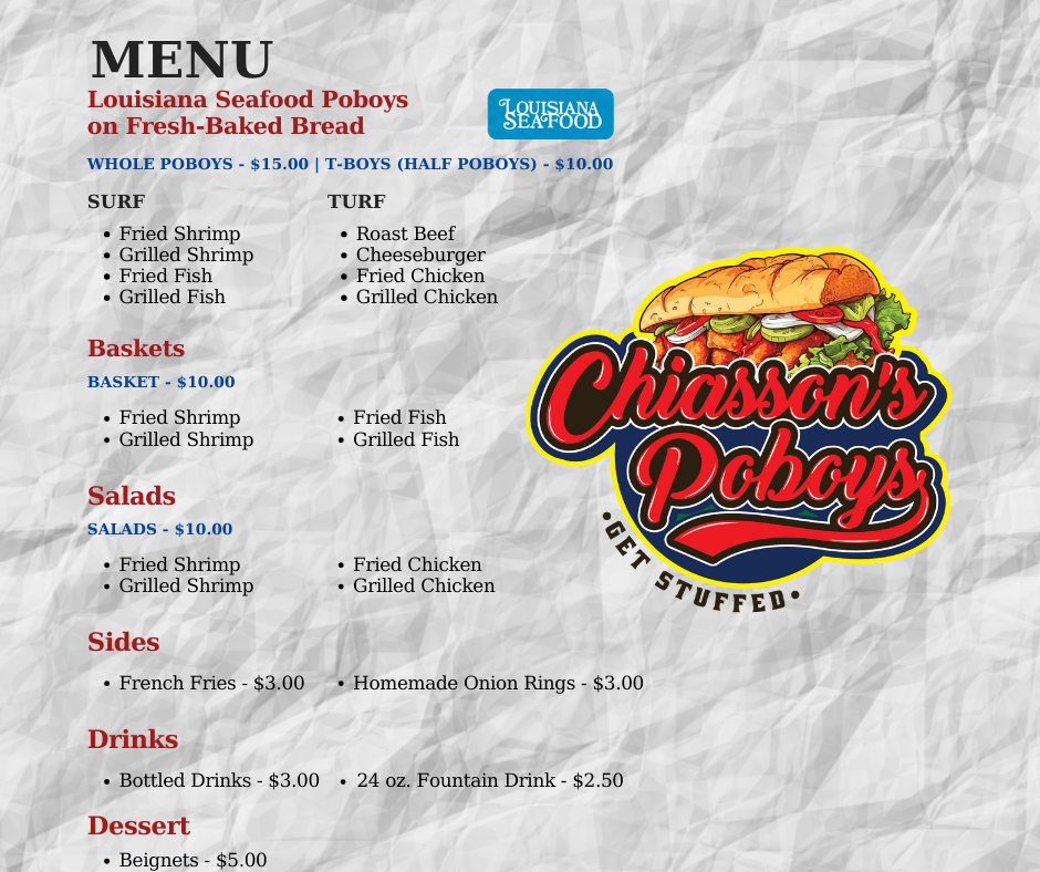 Chiassons Poboys | restaurant | 1615 St Mary St, Thibodaux, LA 70301, USA | 9854921123 OR +1 985-492-1123