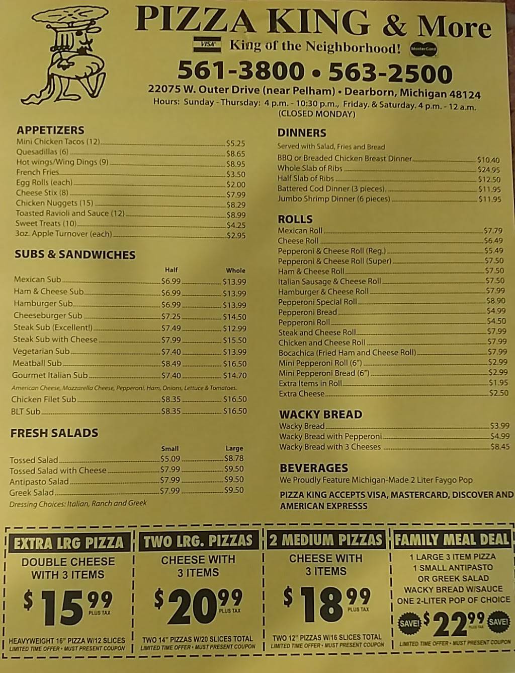 Pizza King | restaurant | 22075 W Outer Dr, Dearborn, MI 48124, USA | 3135613800 OR +1 313-561-3800