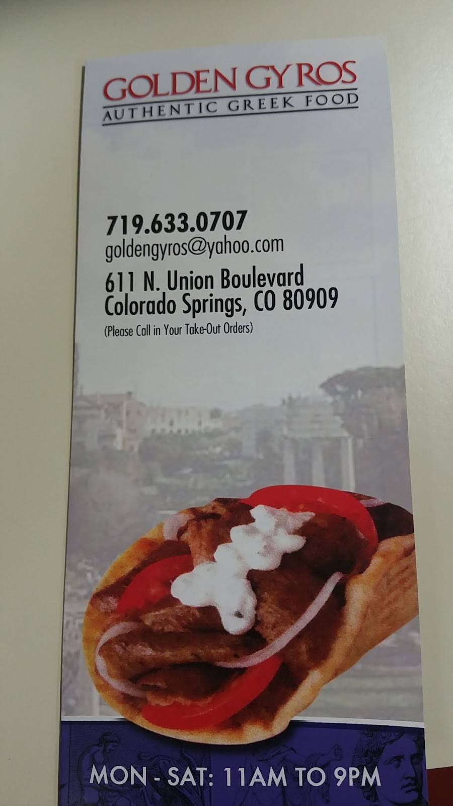 Golden Gyros | restaurant | 611 N Union Blvd, Colorado Springs, CO 80909, USA | 7196330707 OR +1 719-633-0707