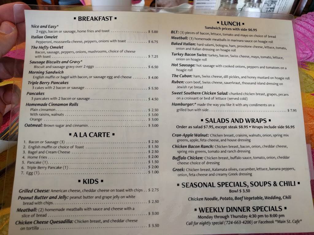 Main St. Cafe | restaurant | 237 Main St, Claysville, PA 15323, USA | 7246634200 OR +1 724-663-4200