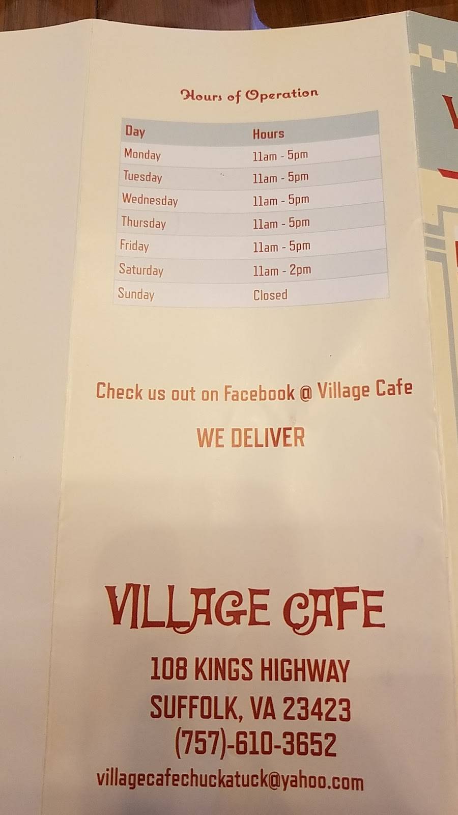 Village Cafe | restaurant | 108 Kings Hwy, Suffolk, VA 23432, USA | 7576103652 OR +1 757-610-3652