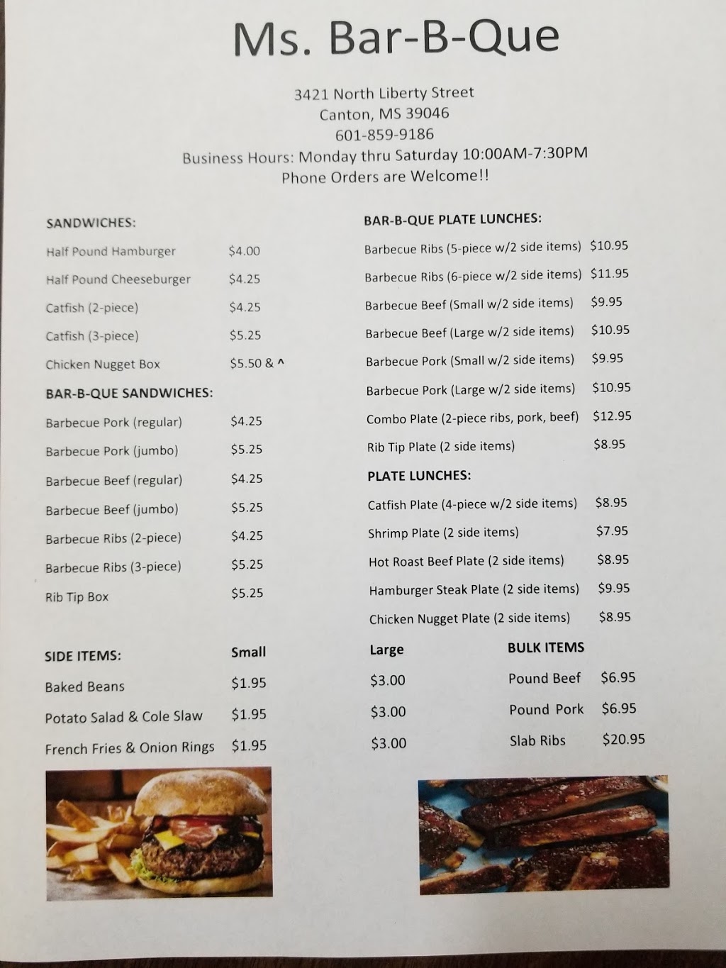 Ms Bar-B-Que | restaurant | 3421 N Liberty St, Canton, MS 39046, USA | 6018599186 OR +1 601-859-9186