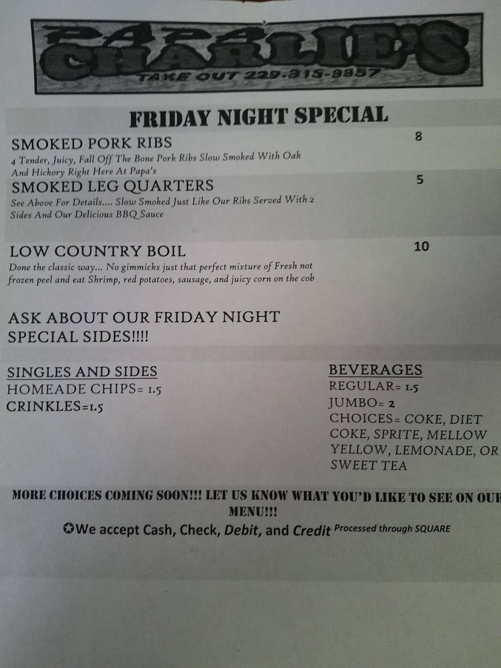 Papa Charlies | restaurant | 1014 3rd Ave, McRae-Helena, GA 31055, USA | 2293153357 OR +1 229-315-3357