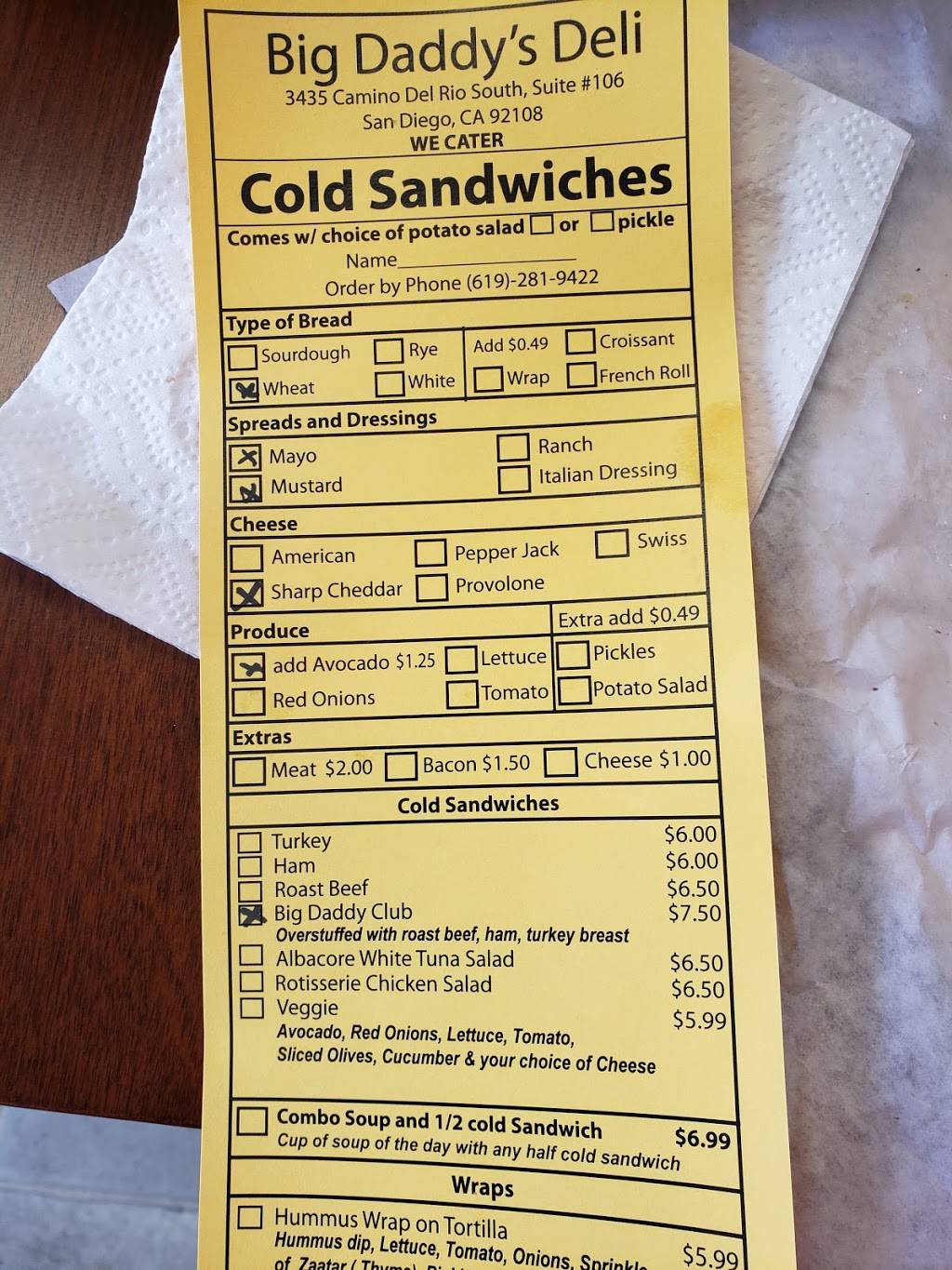 Big Daddys Deli | restaurant | 3435 Camino del Rio S # 106, San Diego, CA 92108, USA | 6192819422 OR +1 619-281-9422
