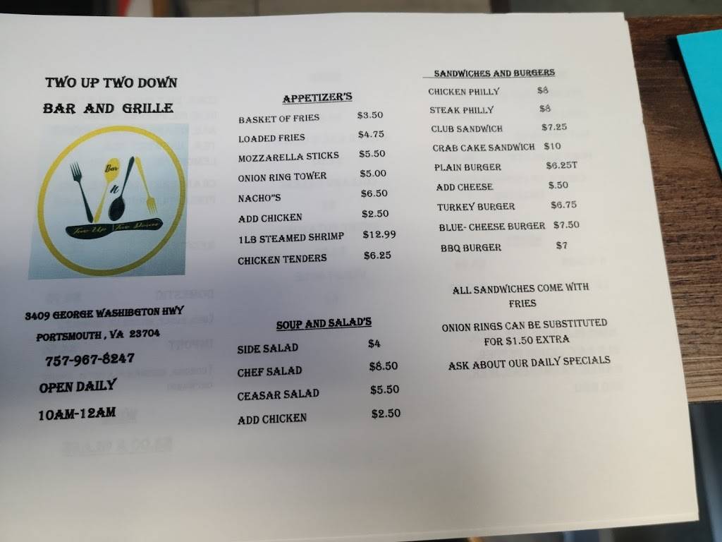 Two Up Two Down Bar and Grill | restaurant | 3409 George Washington Hwy, Portsmouth, VA 23704, USA | 7579678247 OR +1 757-967-8247