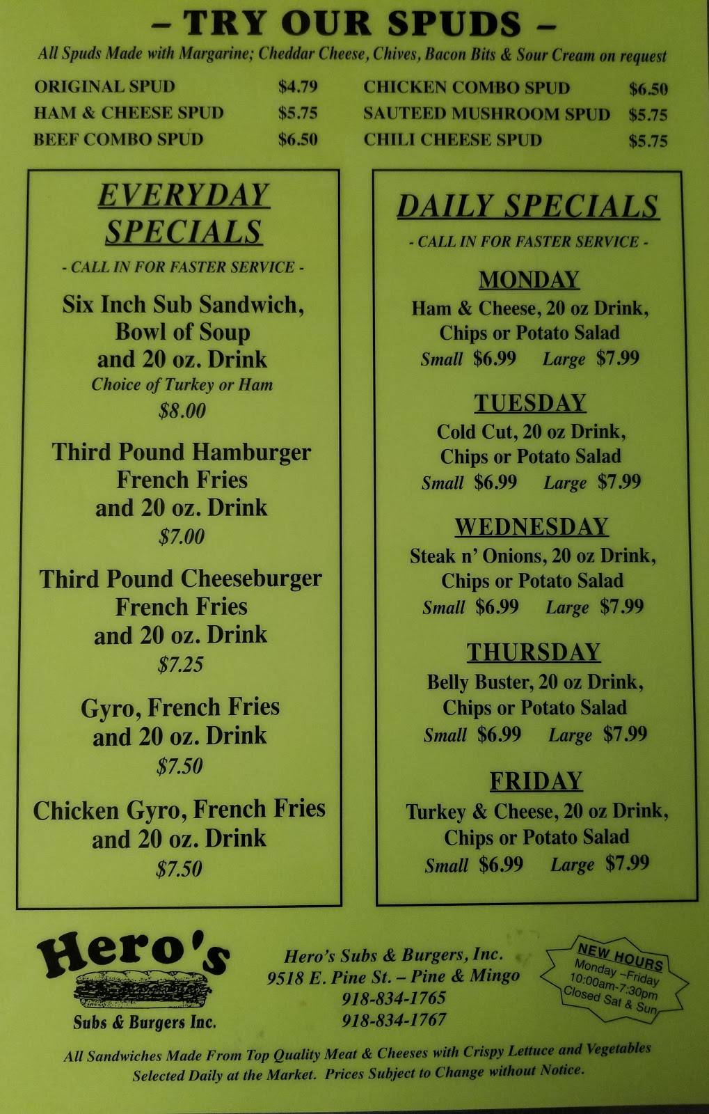 Heros Subs & Burgers | restaurant | 9518 E Pine St, Tulsa, OK 74115, USA | 9188341765 OR +1 918-834-1765