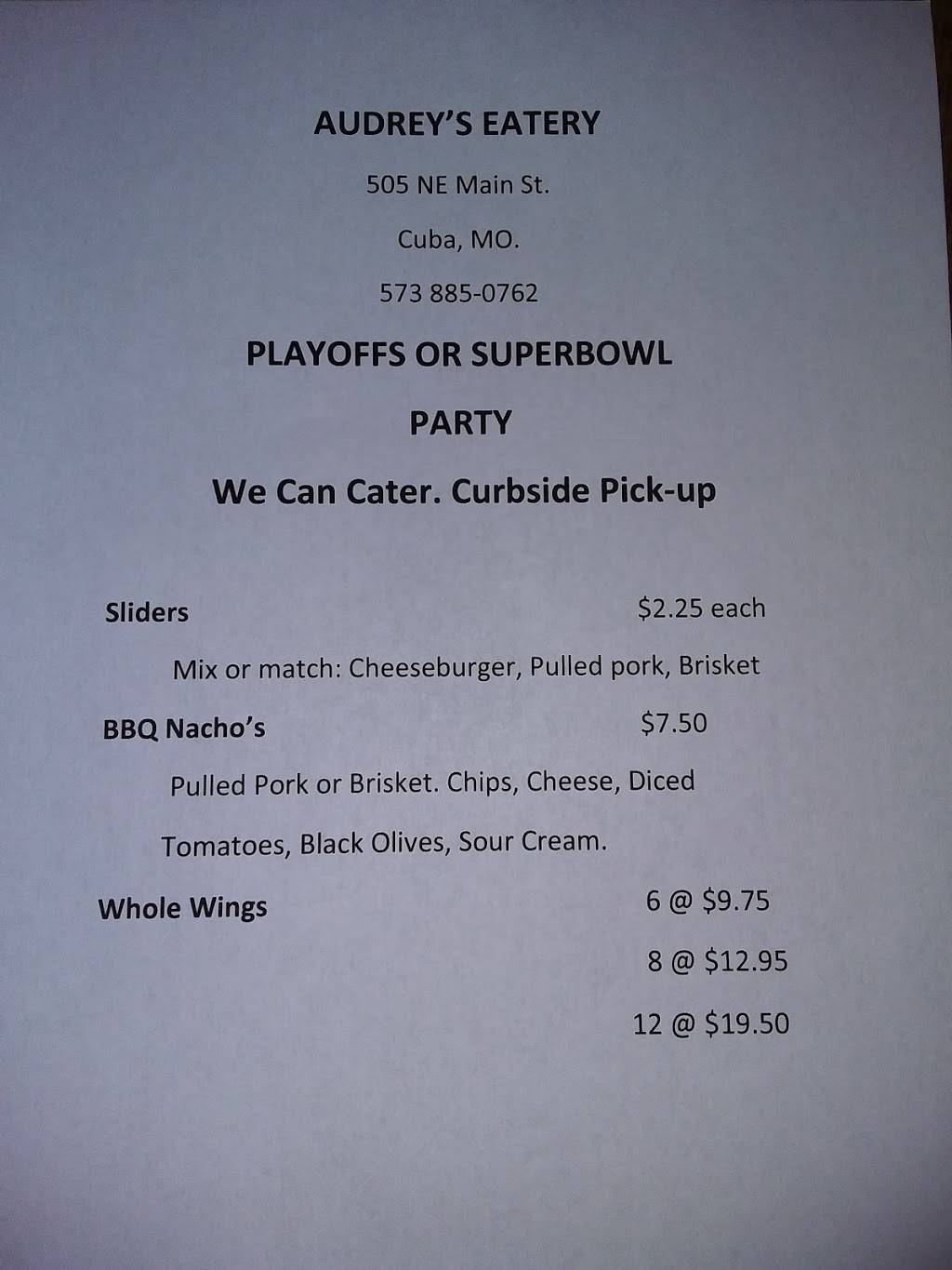 Audreys Eatery | restaurant | 505 Main, Cuba, MO 65453, USA | 5738850762 OR +1 573-885-0762