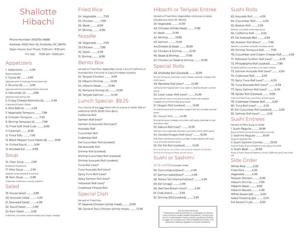 Shallotte Hibachi | meal takeaway | 4920 Main St, Shallotte, NC 28470, USA | 9107548688 OR +1 910-754-8688