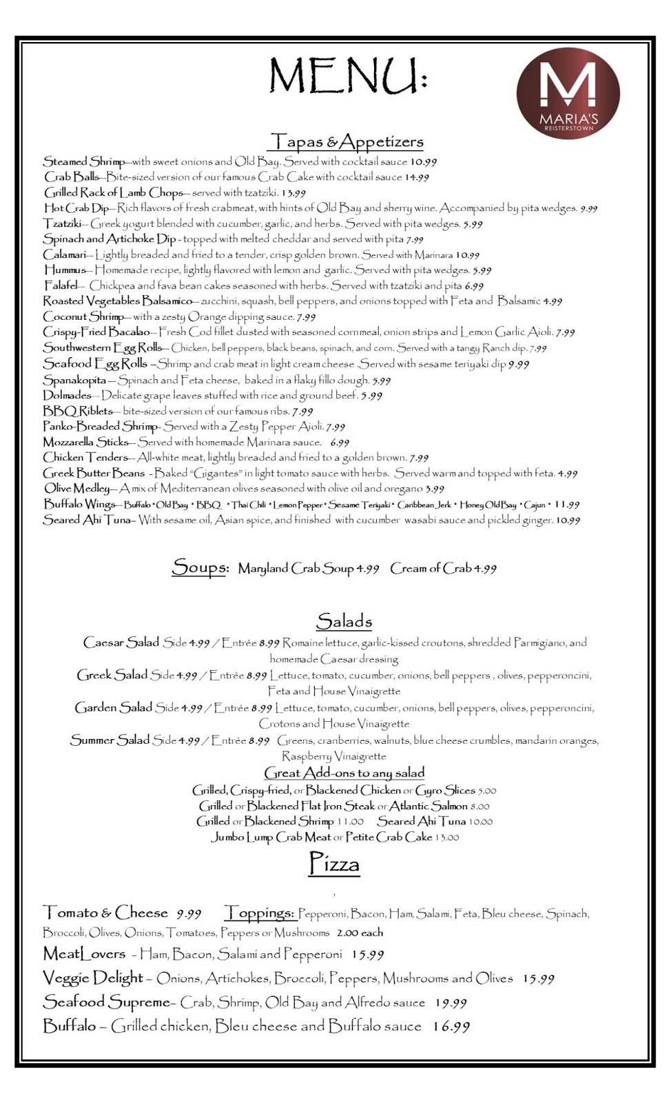 Marias | restaurant | 31 Main St, Reisterstown, MD 21136, USA | 4107779708 OR +1 410-777-9708