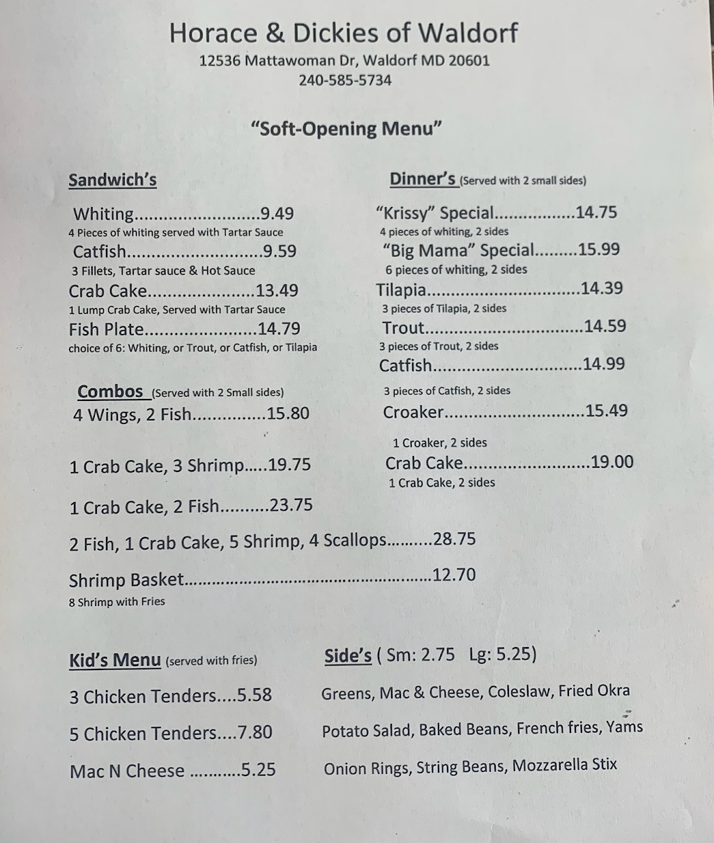 Horace & Dickies of Waldorf | restaurant | 12536 Mattawoman Dr, Waldorf, MD 20601, USA | 2405855734 OR +1 240-585-5734