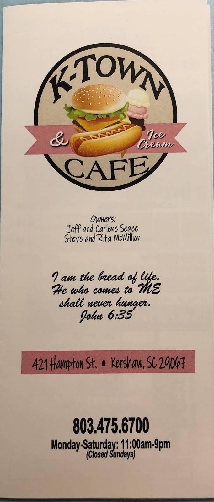 K-Town Cafe & Ice Cream | restaurant | 421 Hampton St, Kershaw, SC 29067, USA | 8034756700 OR +1 803-475-6700