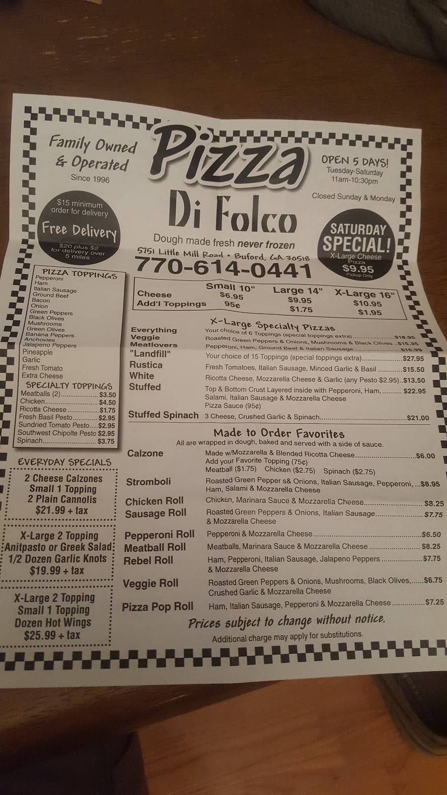 Pizza Di Folco | restaurant | 5751 Little Mill Rd, Buford, GA 30518, USA | 7706140441 OR +1 770-614-0441