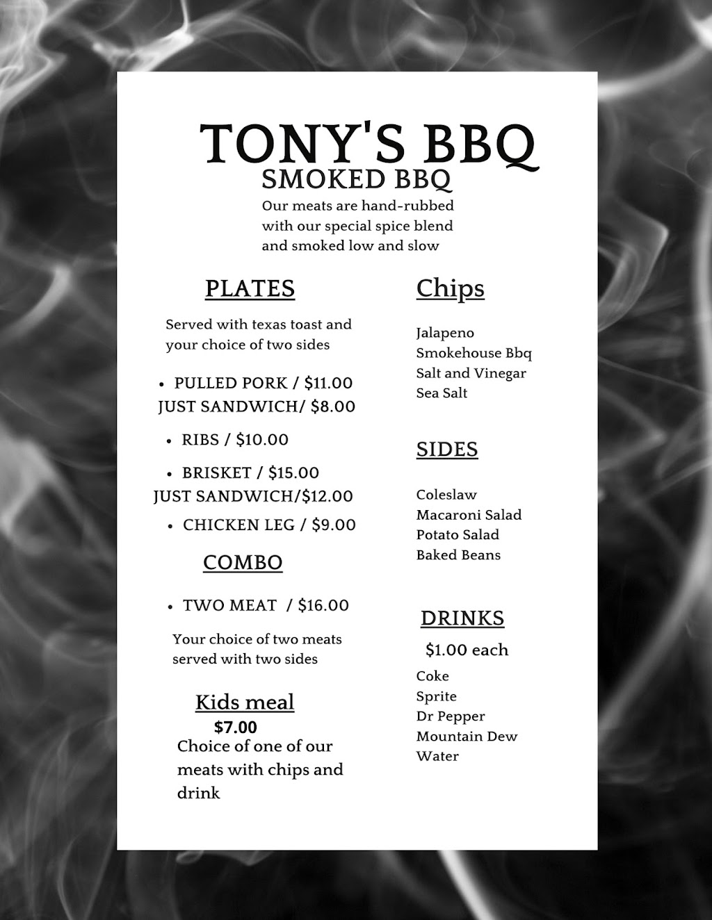 Tonys BBQ llc | restaurant | 17668 Co Rd 240, Weaubleau, MO 65774, USA | 8163921428 OR +1 816-392-1428