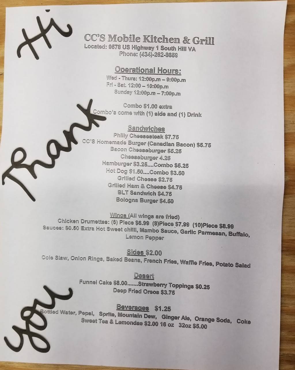 CCs Mobile Kitchen & Grill | restaurant | 9578 US-1, South Hill, VA 23970, USA | 4342628659 OR +1 434-262-8659