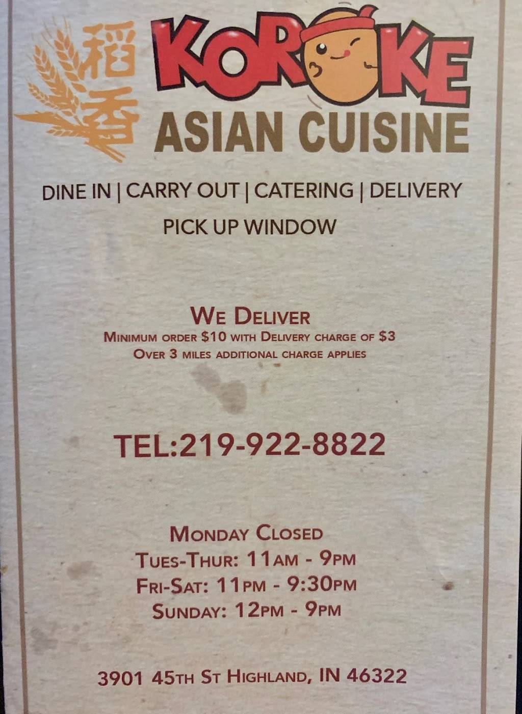 Koroke Asian Cuisine | restaurant | 3901 45th St, Highland, IN 46322, USA | 2199228822 OR +1 219-922-8822