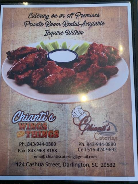 Chianti’s Wings and Things | restaurant | 124 Cashua St, Darlington, SC 29532, USA | 8439440880 OR +1 843-944-0880