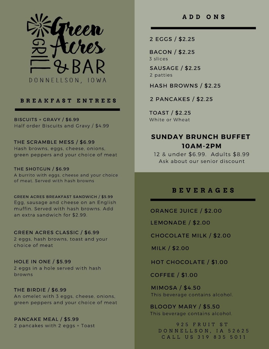 Green Acres Grill and Bar | restaurant | 925 Fruit St, Donnellson, IA 52625, USA | 3198355011 OR +1 319-835-5011