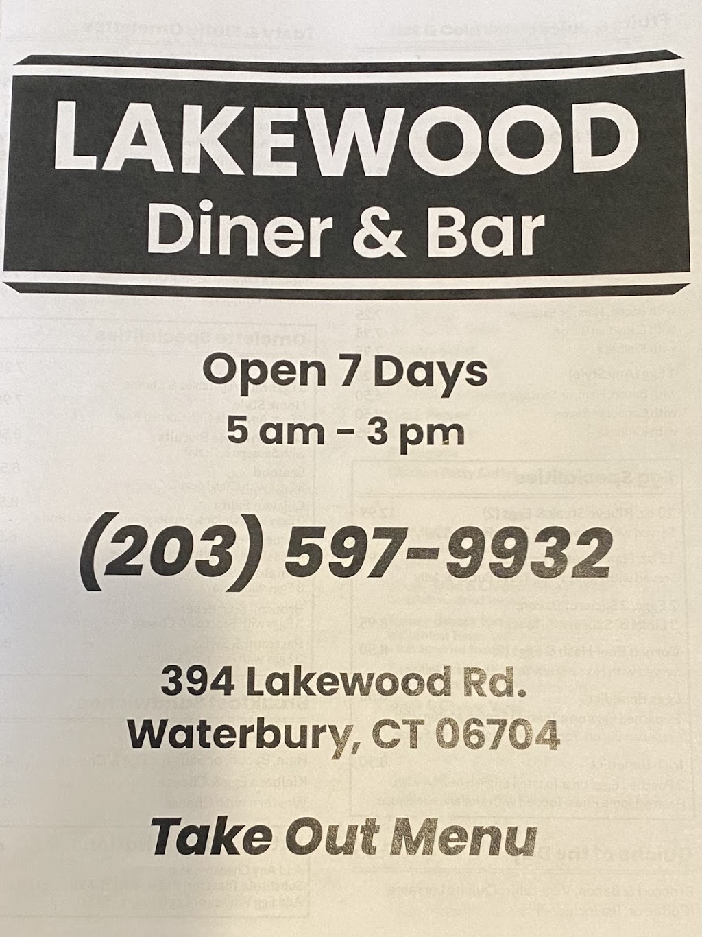 Lakwood Diner & Bar | restaurant | 394 Lakewood Rd, Waterbury, CT 06704, USA | 2035979932 OR +1 203-597-9932