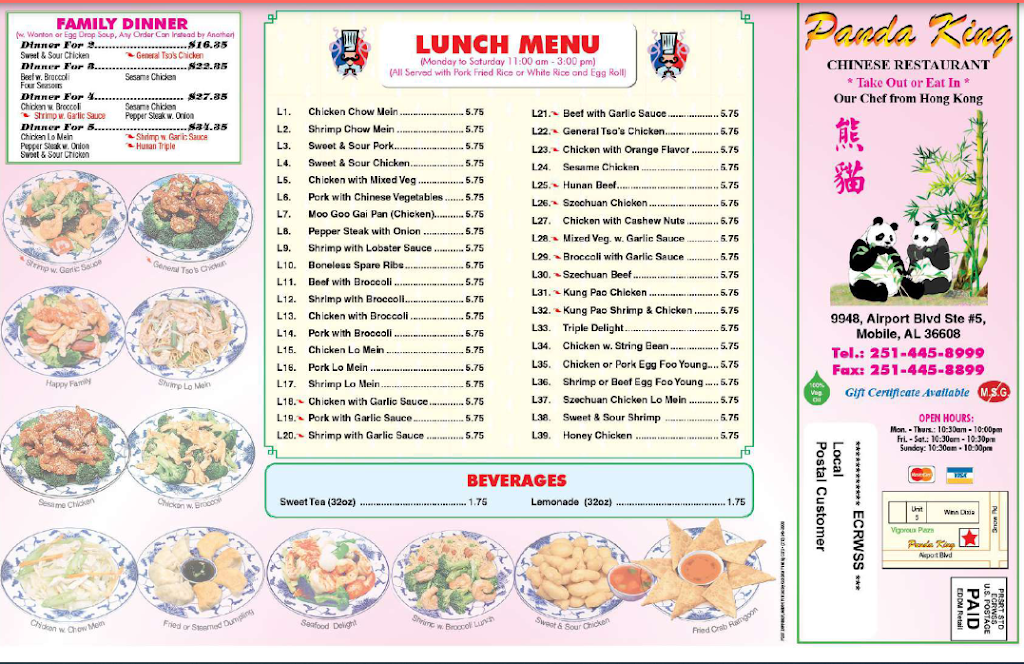 Panda King Chinese Restaurant | meal takeaway | 9948 Airport Blvd Ste #5, Mobile, AL 36608, USA | 2514458999 OR +1 251-445-8999