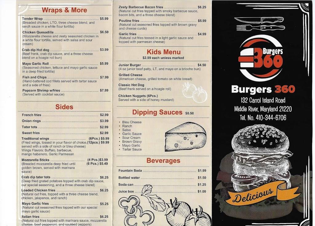 Burgers 360 | restaurant | 132 Carroll Island Rd, Middle River, MD 21220, USA | 4103446706 OR +1 410-344-6706