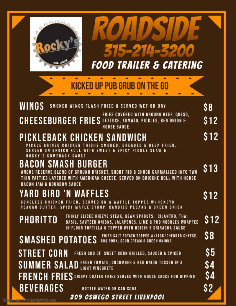 Rockys Roadside | restaurant | 209-2 Oswego St, Liverpool, NY 13088, USA | 3152143200 OR +1 315-214-3200