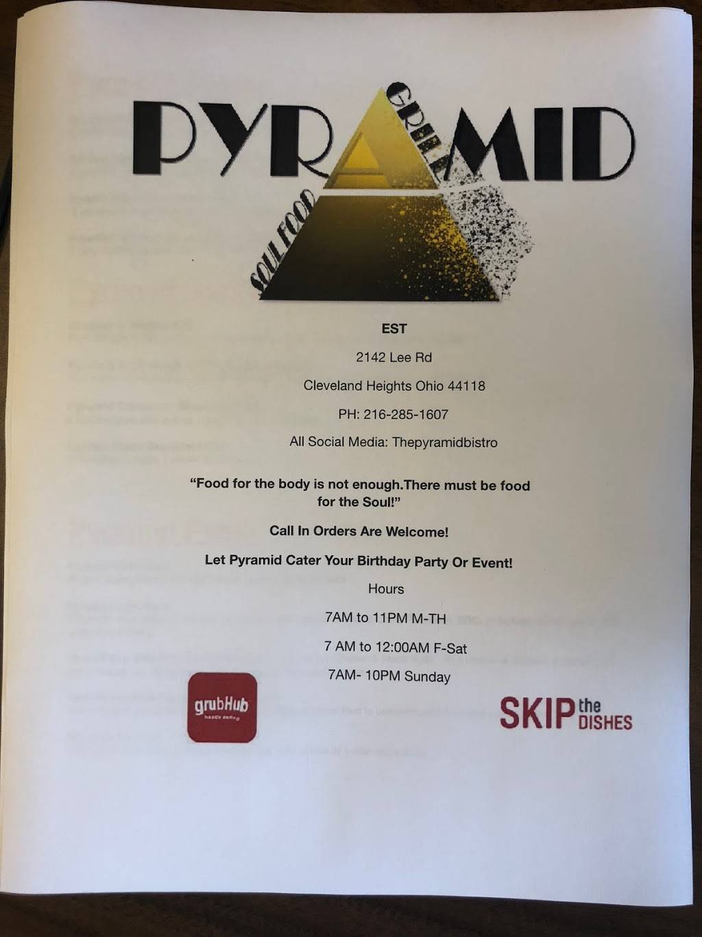 Pyramid Soul Food & Grill | restaurant | 2142 Lee Rd, Cleveland Heights, OH 44118, USA | 2162851607 OR +1 216-285-1607