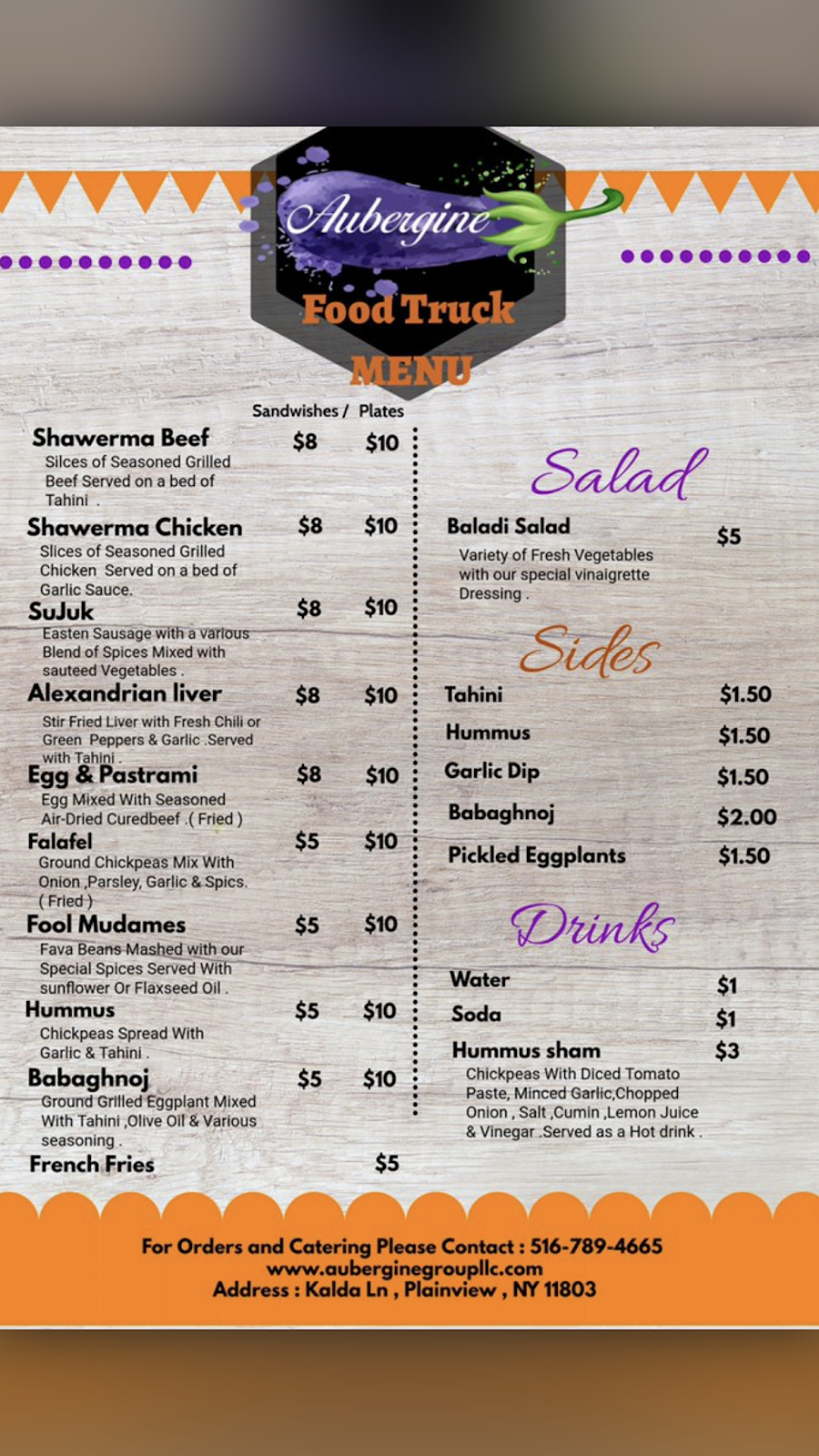 Aubergine Food Truck | restaurant | Kalda Ln, Plainview, NY 11803, USA | 5167894665 OR +1 516-789-4665