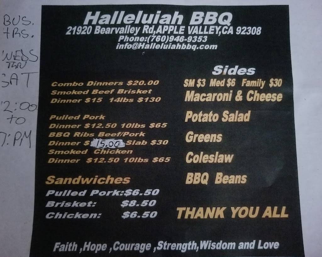 Halleluiah BBQ | restaurant | 21920 Bear Valley Rd, Apple Valley, CA 92308, USA | 7609469353 OR +1 760-946-9353