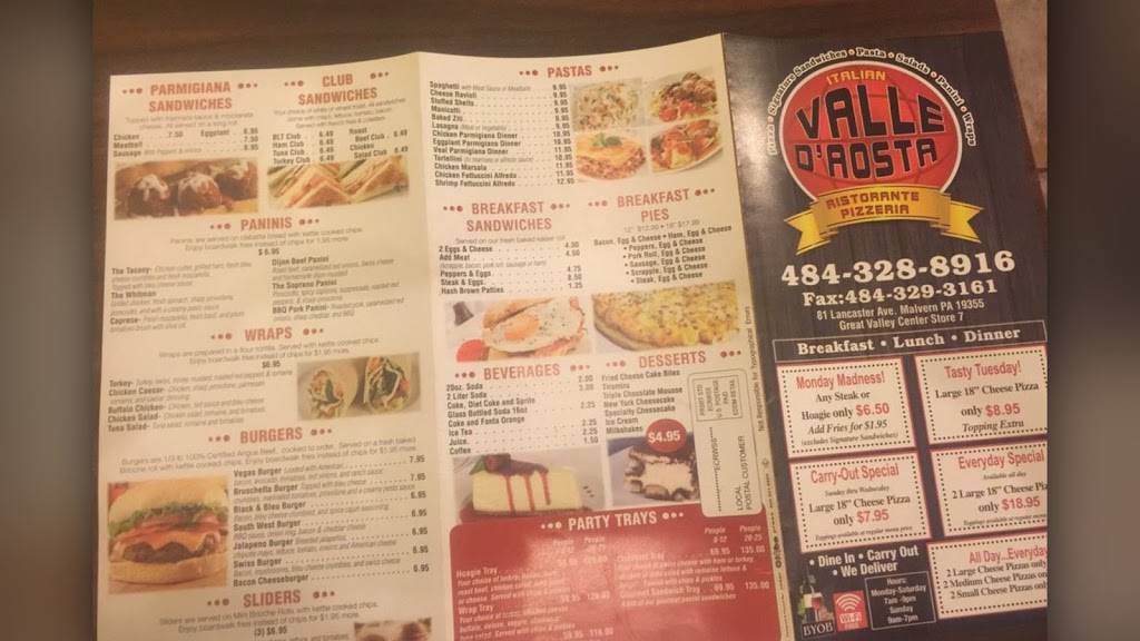 Valle DAosta Italian Restaurant and Pizzeria | restaurant | 81 Lancaster Ave, Malvern, PA 19355, USA | 4843293161 OR +1 484-329-3161