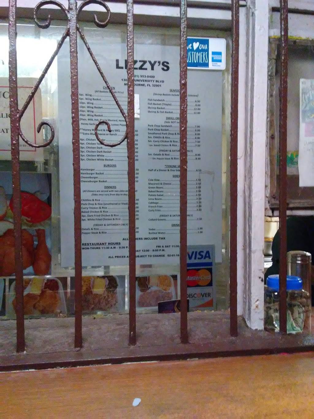 Lizzys | restaurant | 1301 University Blvd, Melbourne, FL 32901, USA | 3219538400 OR +1 321-953-8400