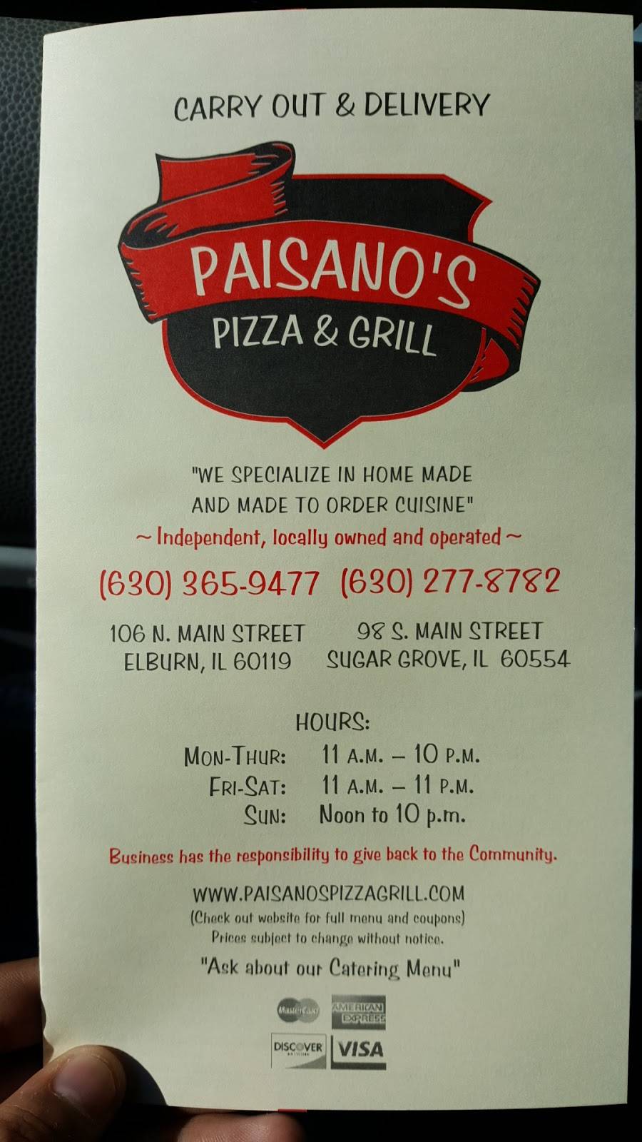 Paisanos Pizza & Grill | restaurant | 98 S Main St, Sugar Grove, IL 60554, USA | 6302778782 OR +1 630-277-8782