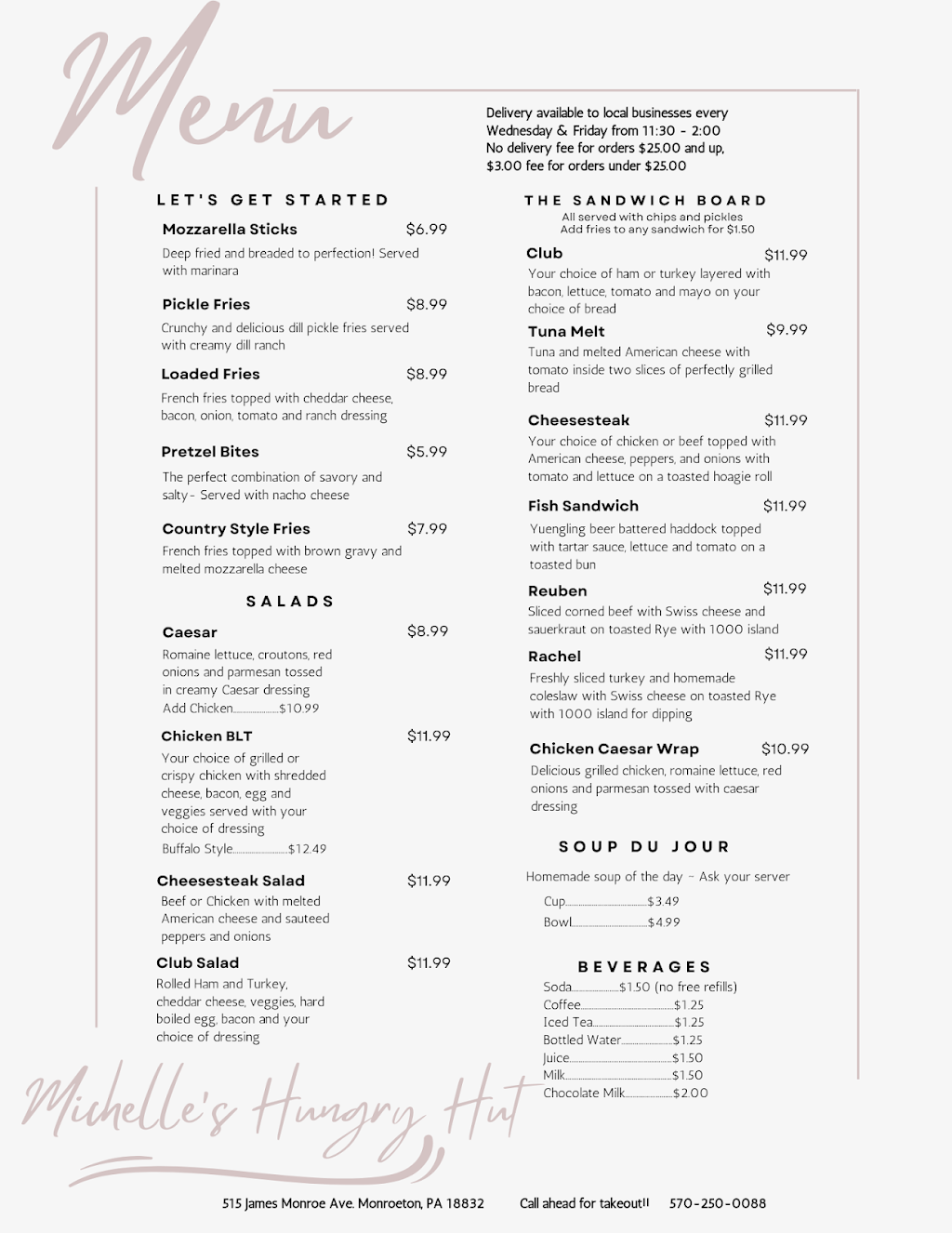 Michelle’s Hungry Hut | restaurant | 515 James Monroe Ave, Monroe, PA 18832, USA | 5702500088 OR +1 570-250-0088