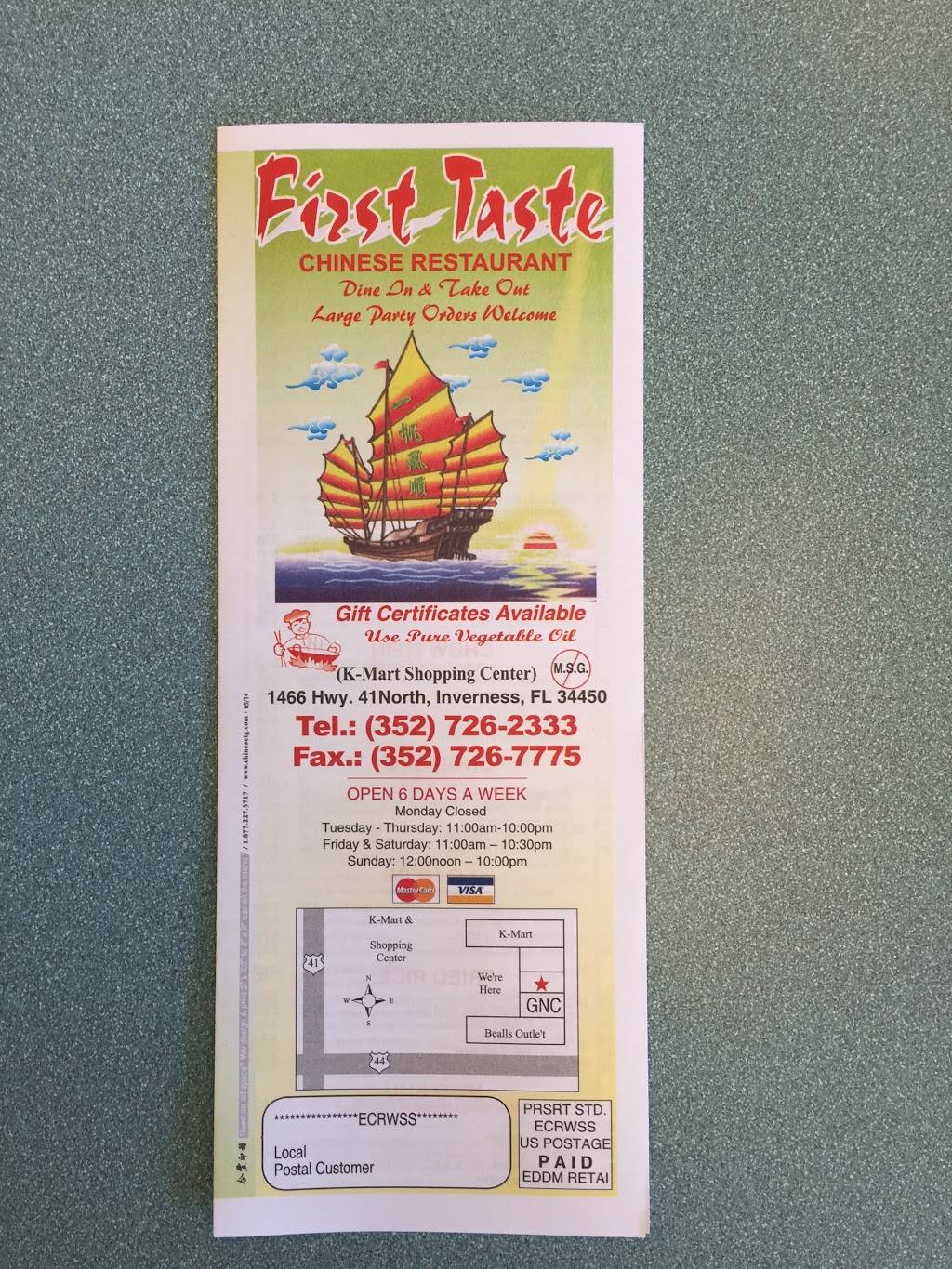 First Taste Chinese Restaurant | restaurant | 1466 US-41, Inverness, FL 34450, USA | 3527262333 OR +1 352-726-2333