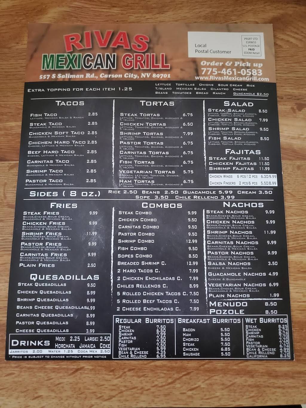RIVAS MEXICAN GRILL #9 | restaurant | 557 S Saliman Rd, Carson City, NV 89701, USA | 7754610583 OR +1 775-461-0583