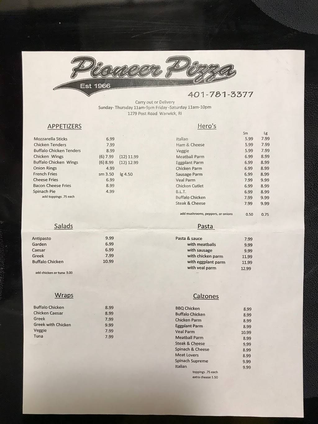 Pioneer Pizza House | restaurant | 1279 Post Rd, Warwick, RI 02888, USA | 4017813377 OR +1 401-781-3377