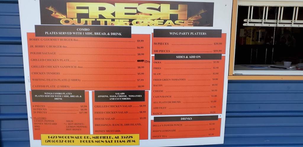 Fresh Out The Grease | restaurant | 1429 Woodward Rd, Midfield, AL 35228, USA | 2056376101 OR +1 205-637-6101