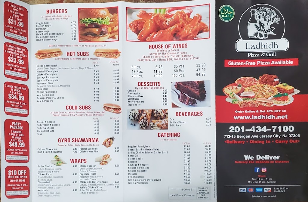 Ladhidh Mediterranean Cuisine & BBQ, Pizzeria & Grill | restaurant | 713 Bergen Ave, Jersey City, NJ 07306, USA | 2014347100 OR +1 201-434-7100
