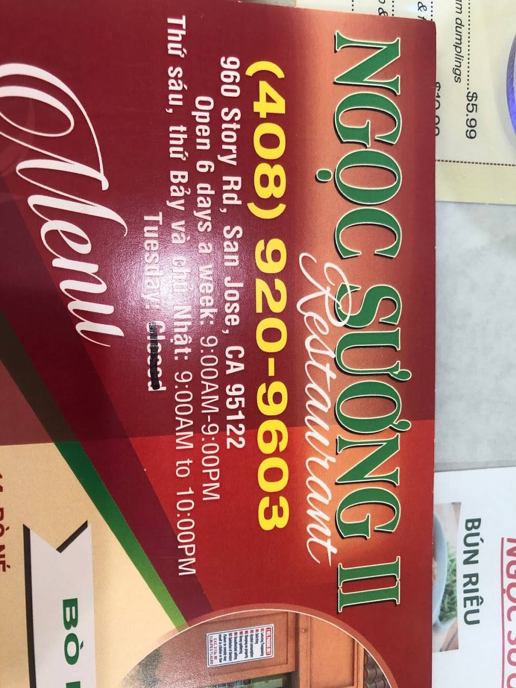 Ngọc Sương 2 | restaurant | 930 Story Rd, San Jose, CA 95122, USA | 4089209603 OR +1 408-920-9603