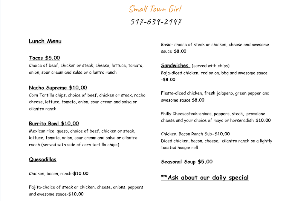 Small town girl | restaurant | 44 W Chicago St, Quincy, MI 49082, USA | 5176392147 OR +1 517-639-2147