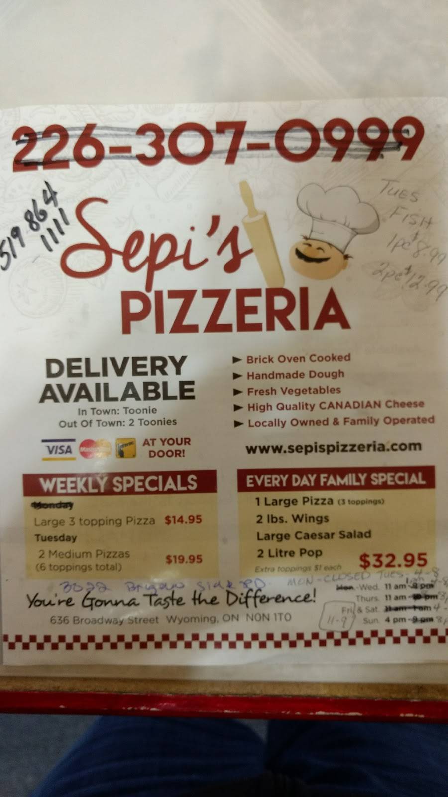 Sepis Pizzeria | restaurant | 2344 Courtright Line, Brigden, ON N0N 1B0, Canada | 5198641111 OR +1 519-864-1111