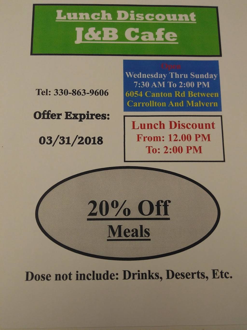 J&B Cafe | restaurant | 6054 Canton Rd NW, Carrollton, OH 44615, USA | 3308639606 OR +1 330-863-9606