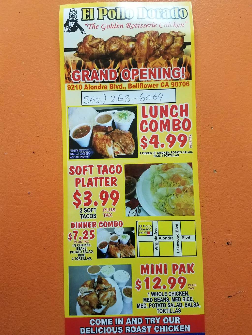 El Pollo Dorado | restaurant | 9210 Alondra Blvd, Bellflower, CA 90706, USA | 5622636064 OR +1 562-263-6064