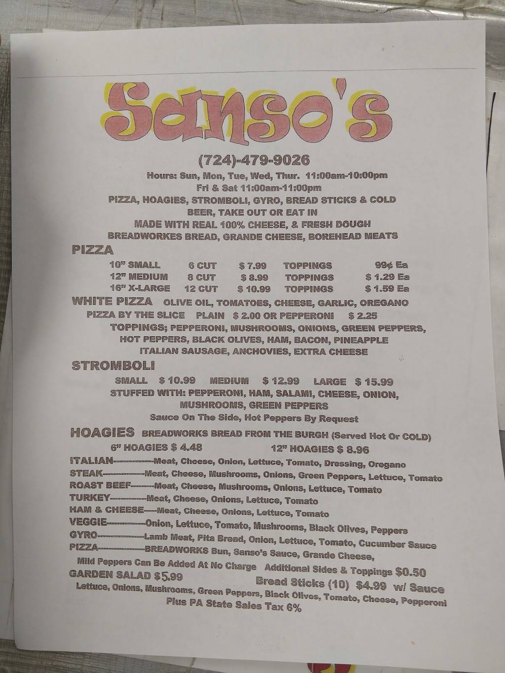 Sansos Pizza | restaurant | 3113 US-119, Homer City, PA 15748, USA | 7244799026 OR +1 724-479-9026