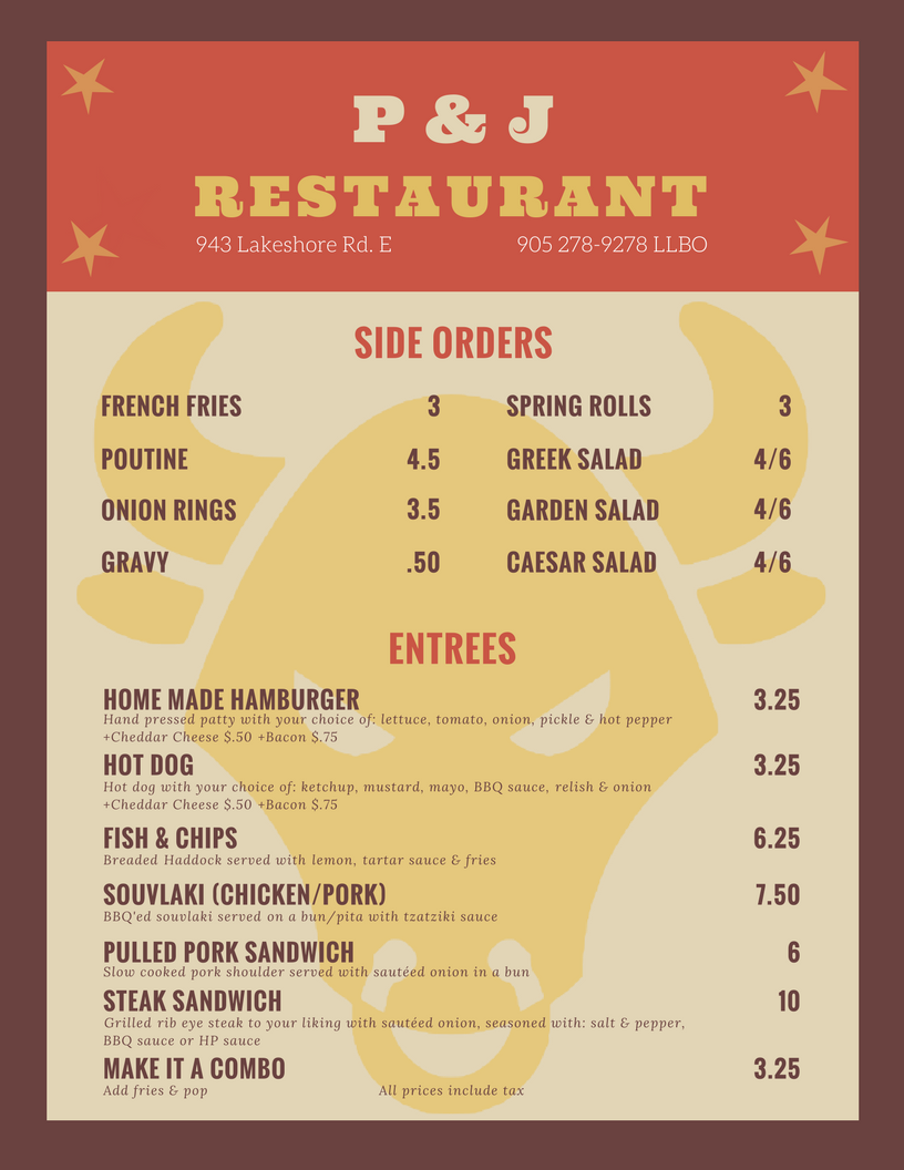 P & J Hamburgers | restaurant | 943 Lakeshore Rd E, Mississauga, ON L5E 1E3, Canada | 9052789278 OR +1 905-278-9278