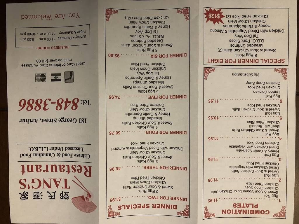 Tangs Restaurant | restaurant | 181 George St, Arthur, ON N0G 1A0, Canada | 5198483886 OR +1 519-848-3886
