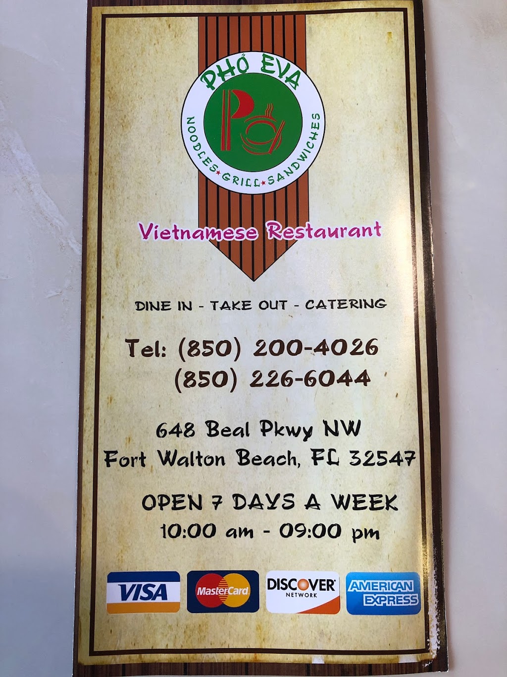 Pho Eva | restaurant | 648 Beal Pkwy NW, Fort Walton Beach, FL 32547, USA | 8502004026 OR +1 850-200-4026