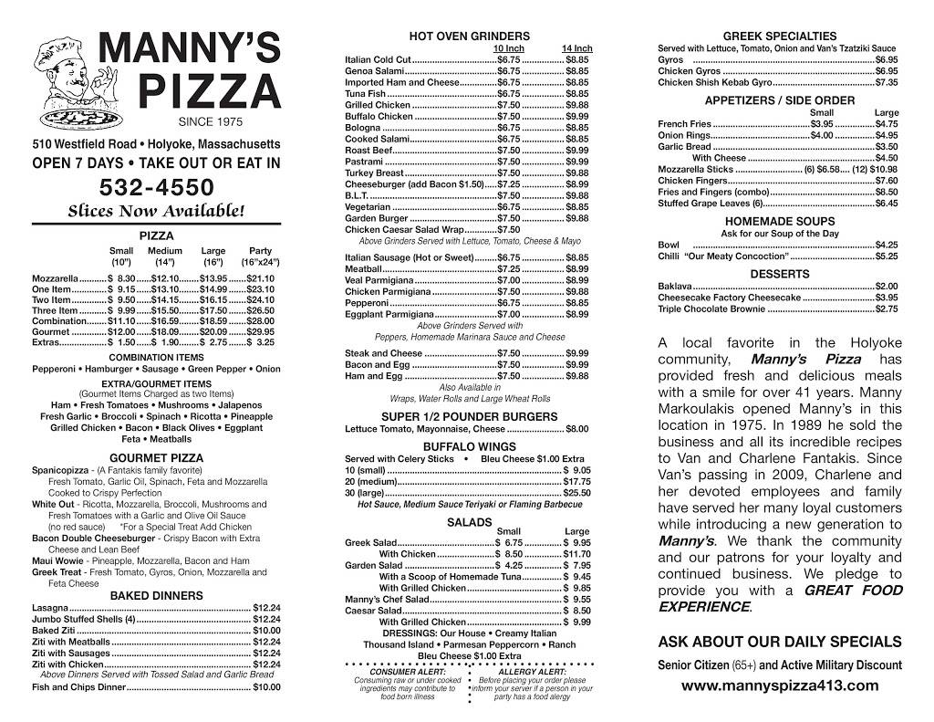 Mannys Pizza & Grinders | restaurant | 510 Westfield Rd, Holyoke, MA 01040, USA | 4135324550 OR +1 413-532-4550
