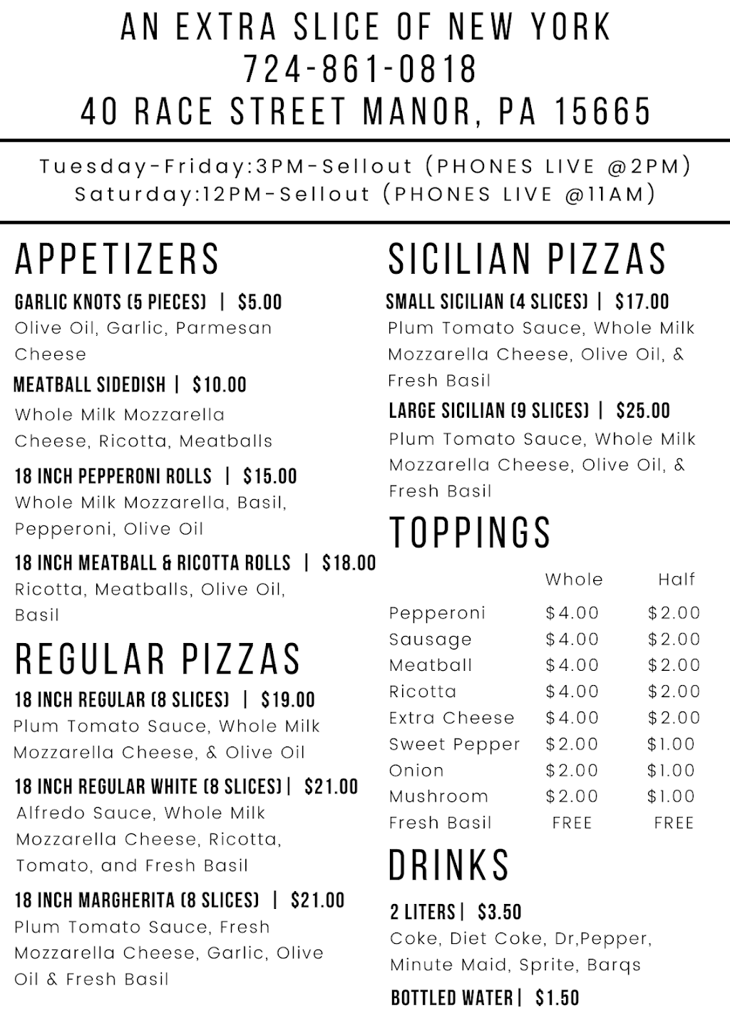 An Extra Slice Of New York | restaurant | 40 Race St, Manor, PA 15665, USA | 7248610818 OR +1 724-861-0818